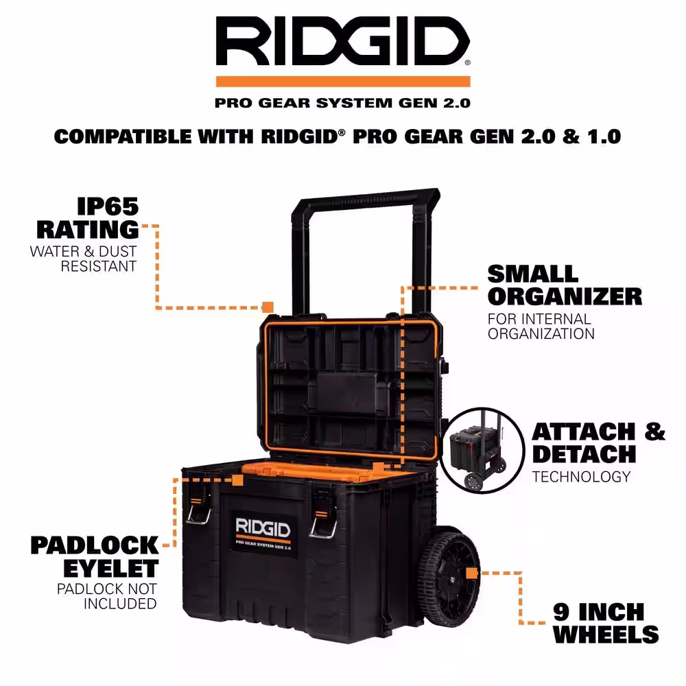 RIDGID 2.0 Pro Gear System Rolling Tool Box and 22 in. Tool Box and Compact Organizer