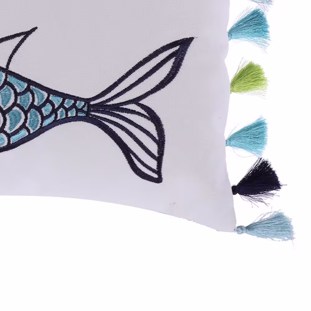 None White, Blue, Green Embroidered Fish With Side Tassels 12 in. x 24 in. Throw Pillow