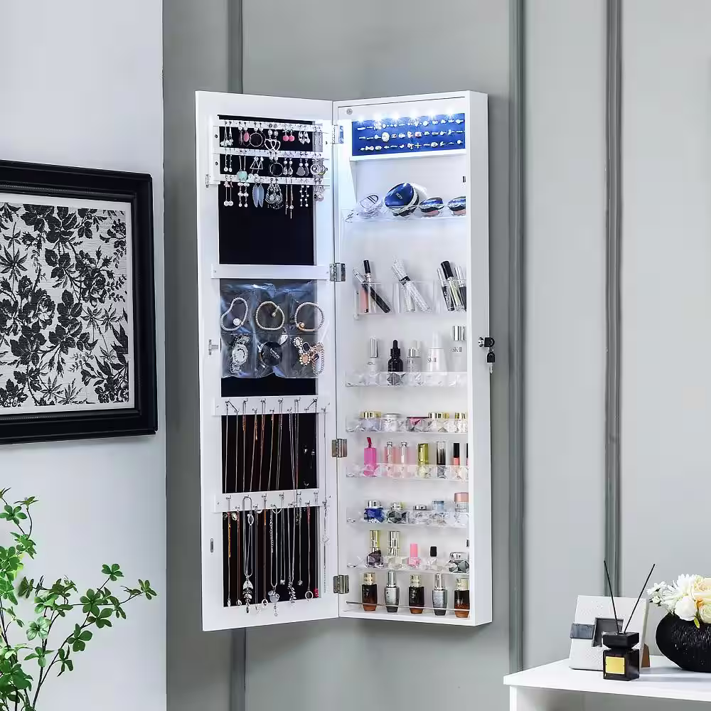 Gymax Wall Door White Mounted Jewelry Cabinet Armoire Full Length Frameless LED Mirror