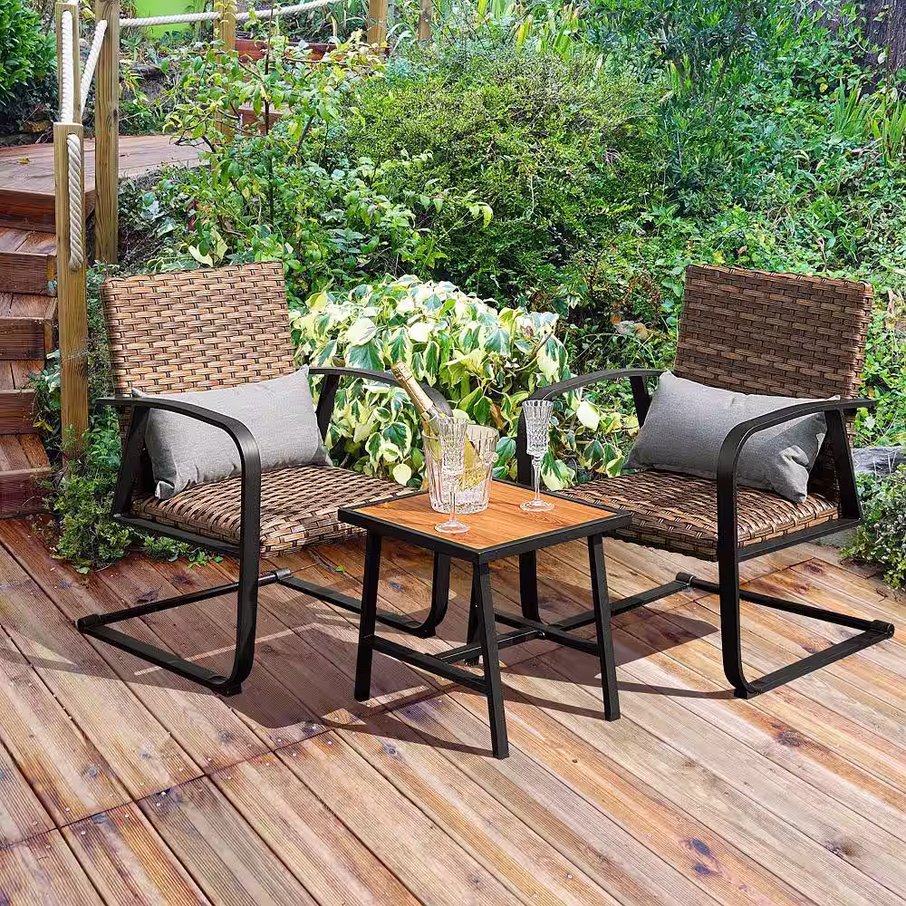 Costway 3-Piece Wicker Patio Conversation Set Outdoor Bistro Set C-Spring Chair Padded Seat and Back Pillow