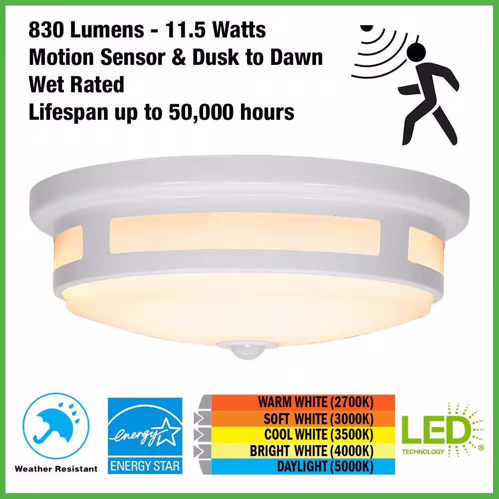 Hampton Bay Greenhaven 11 in. 1-Light White Motion Sensor LED Outdoor Flush Mount Ceiling Light Color Selectable (4-Pack)