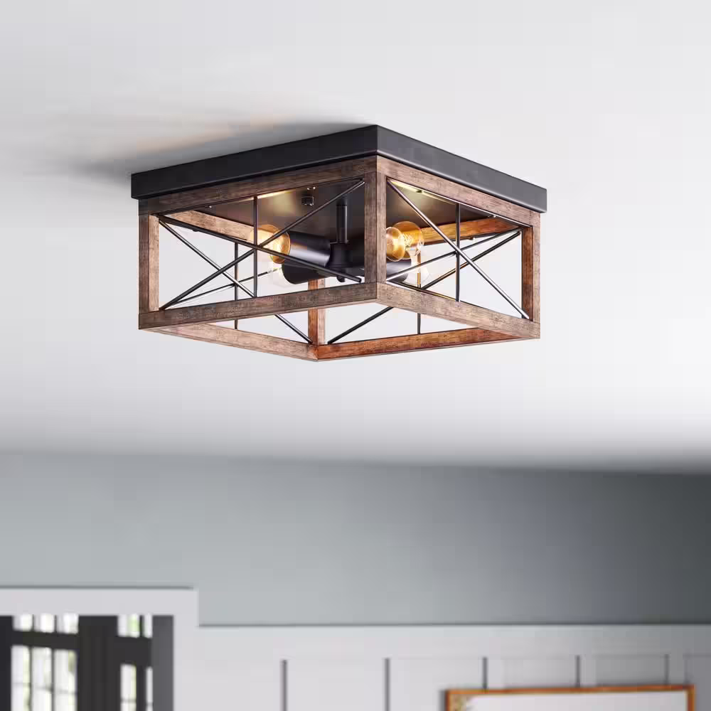 aiwen 12.6 in. 4-Light Farmhouse Rustic Square Wooden Flush Mount Ceiling