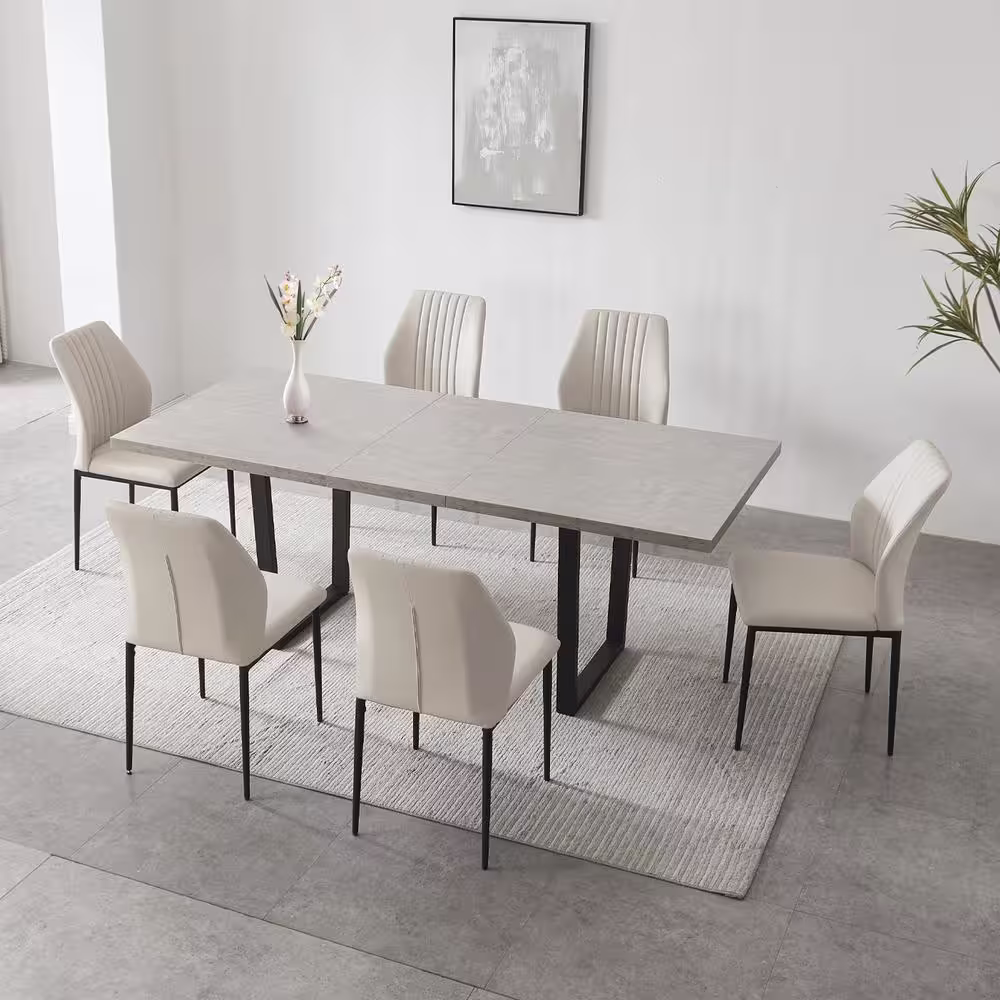 None 7-Piece Set of 6 White Chairs and Retractable Dining Table, Dining Table Set, Dining Room Set with 6 Modern Chairs