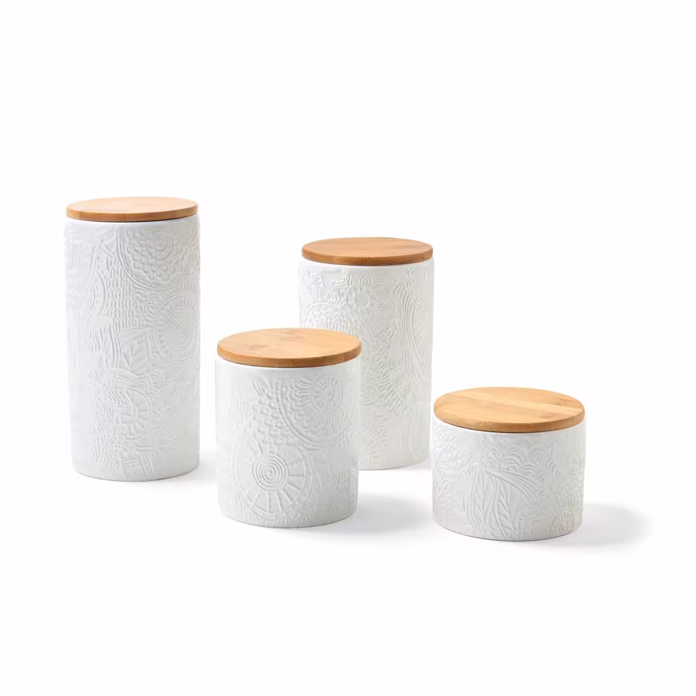 Jay Import Company 4-Piece Embossed White Stoneware Canister Set with Wood Lid