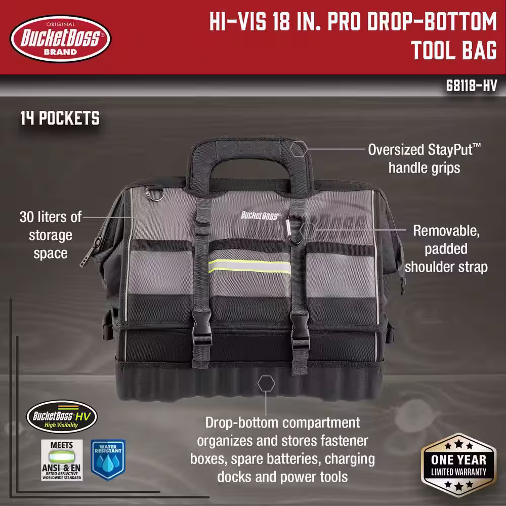 BUCKET BOSS 18 in. High Visibility Pro Drop-Bottom Heavy Duty Tool Bag
