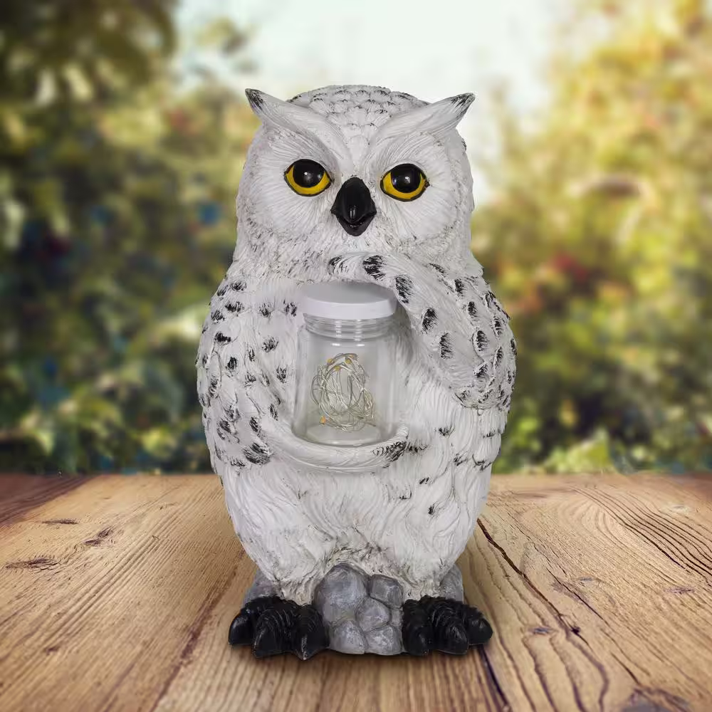 Exhart 10 in. Tall Solar Snow Owl with LED Firefly Jar Garden Statue