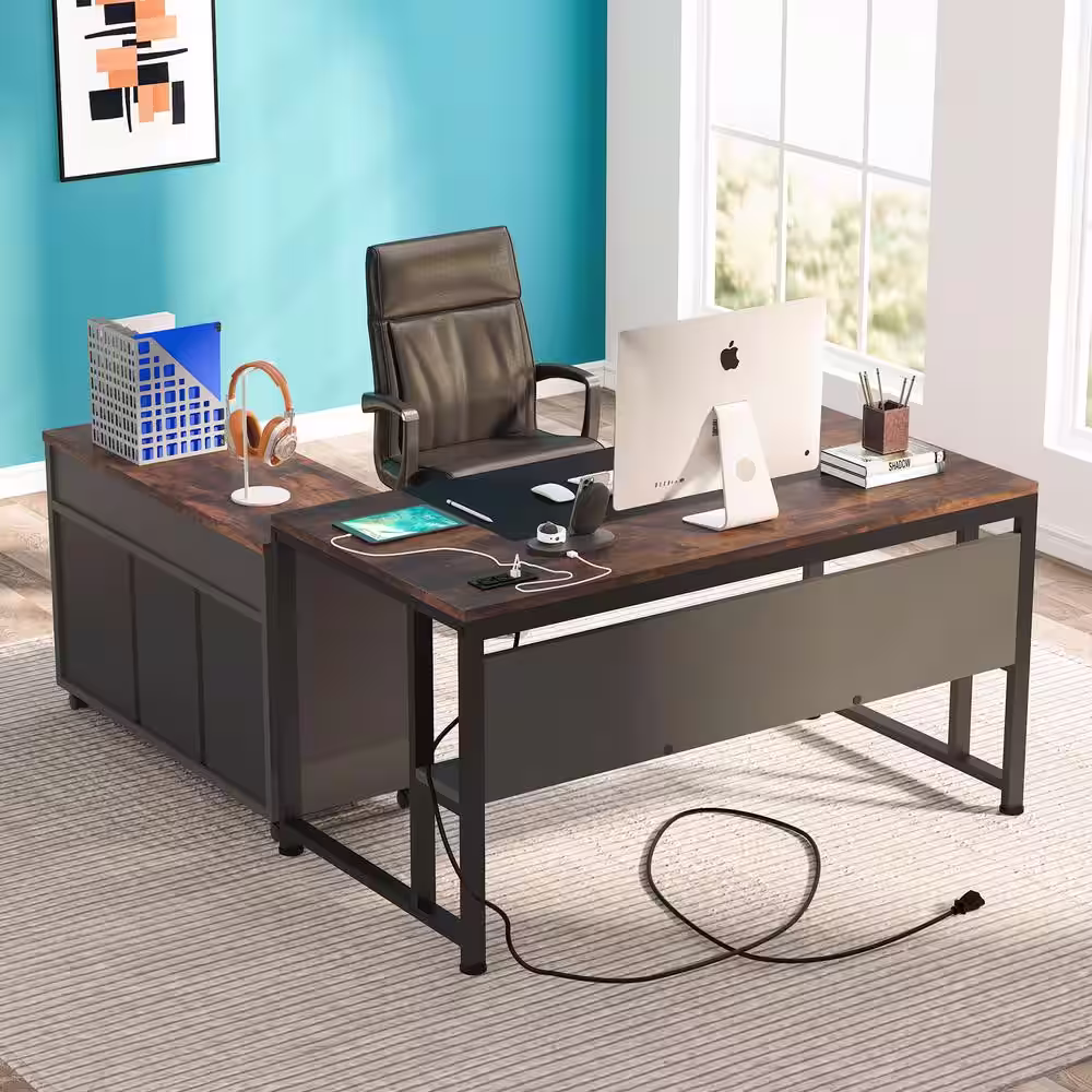None Lantz 55.1 in. L-Shaped Desk Brown Engineered Wood 2-Drawers Executive Desk with File Cabinet