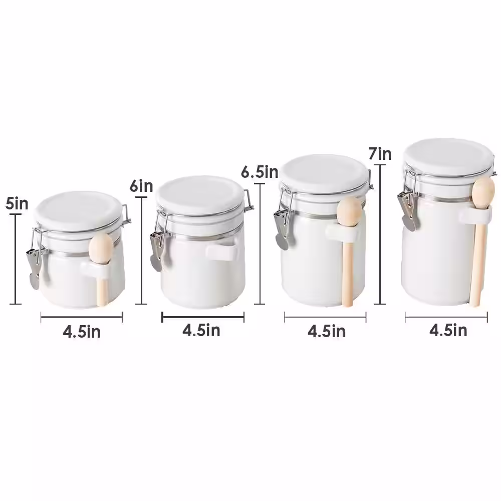 Home Basics 4 Piece Ceramic Canister Set with Wooden Spoons, White