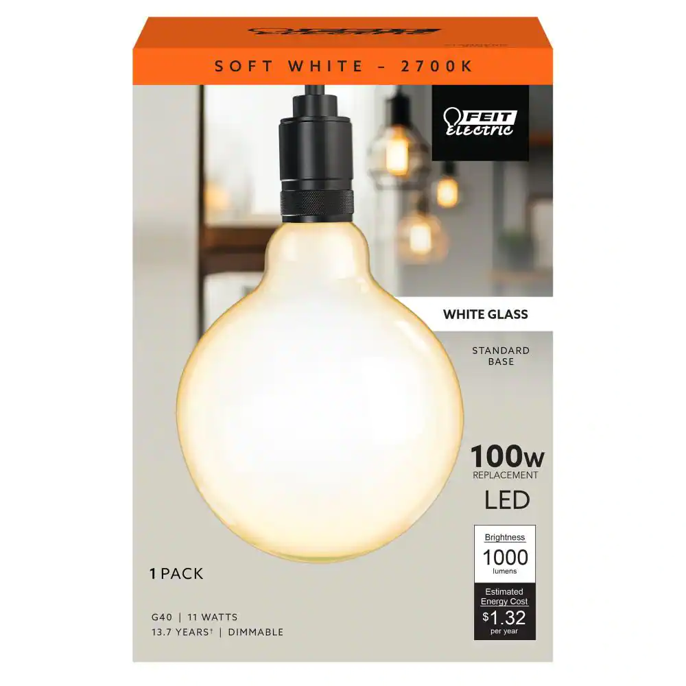Feit Electric 100-Watt Equivalent G40 Dimmable Straight Filament White Glass E26 Vintage Edison LED Light Bulb Soft White