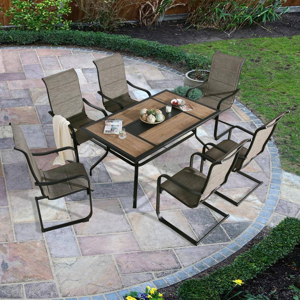 None 7-Piece Metal Rectangular Outdoor Dining Set with C Spring Motion Chairs and Wooden-Like Table