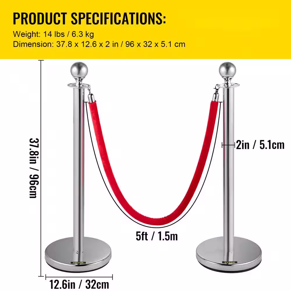 VEVOR Velvet Rope Stanchion 4 Pack Red Velvet Rope Barriers 38 in. Stainless Steel Crowd Control Barrier Queue Line, Silver