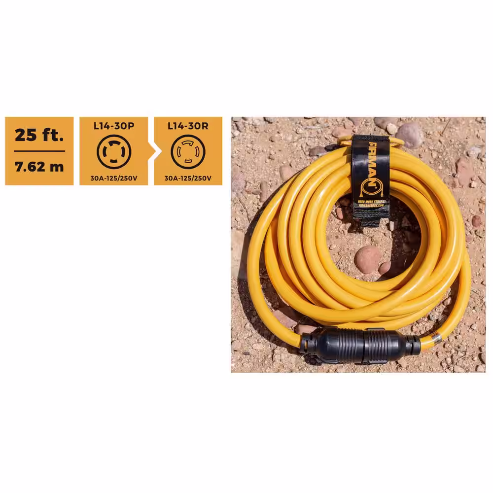 FIRMAN 25 ft. 30 Amp 125-Volt/250-Volt L14-30P to L14-30R Generator Power Extension Cord with Storage Strap
