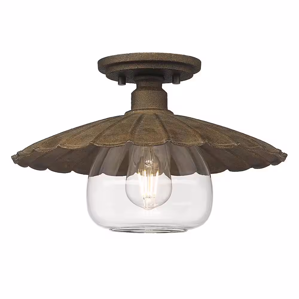 Golden Lighting Clemence 13.75 in. 1-Light Dark Rust Flush Mount