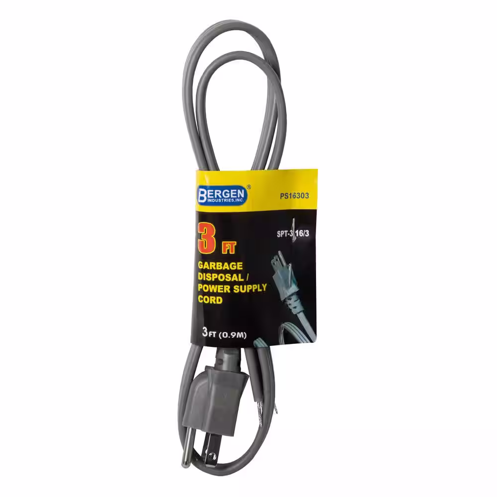 Bergen Industries 3 ft. 16/3-Gauge 3-Wire Power Supply Cord Garbage Disposal Straight Plug in Gray