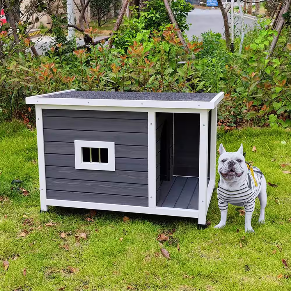None Wood Dog House Flat Hinged Roof with Porch Window