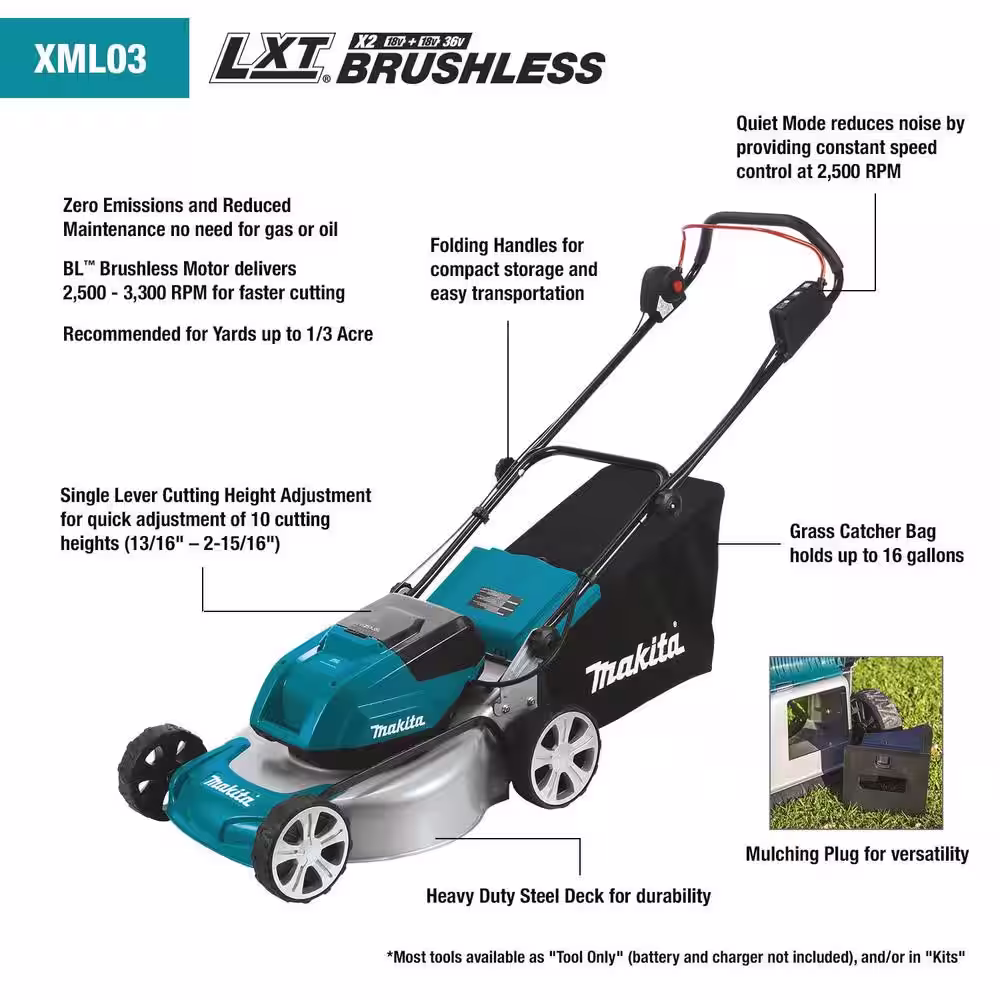 Makita 18 in. 18-Volt X2 (36-Volt) LXT Lithium-Ion Cordless Walk Behind Push Lawn Mower Kit with 4 Batteries (4.0 Ah)