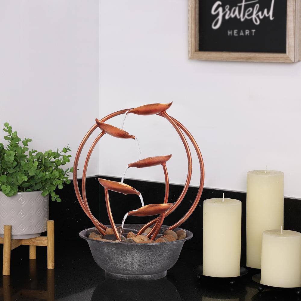 Alpine Corporation 13 in. H Indoor Multi-Tier Metal Leaf Tabletop Fountain with Stone-Filled Base