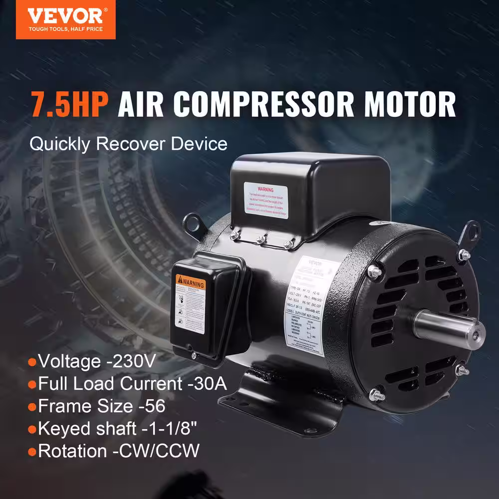 VEVOR 7.5HP Air Compressor Motor 3450 RPM Single Phase Electric Motor 1-1/8 in. Keyed shaft 230V 30A 184 Frame CW/CCW Rotation