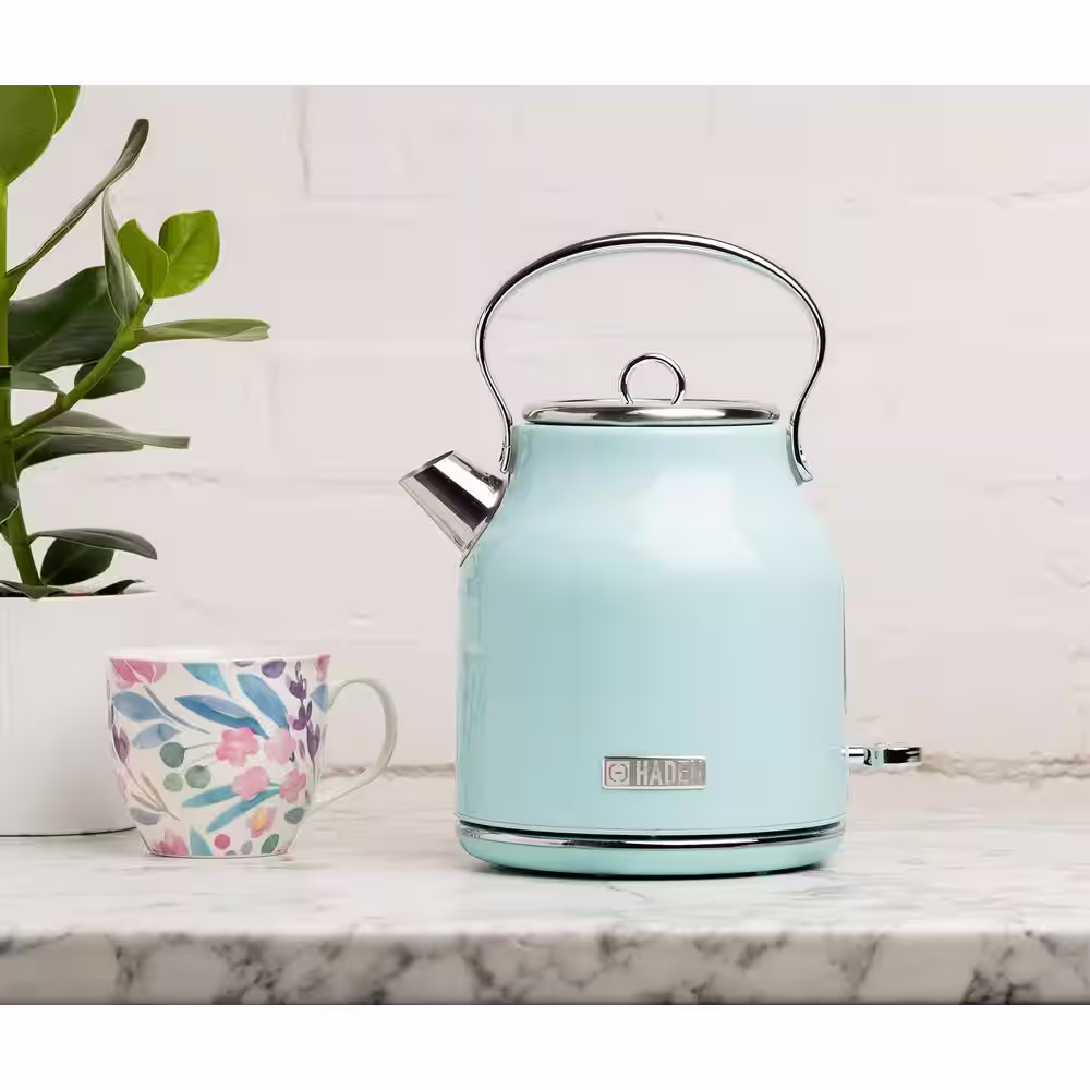 HADEN Heritage 7-Cup Light Blue Turquoise Cordless Stainless Steel Retro Electric Kettle with Auto Shut-Off