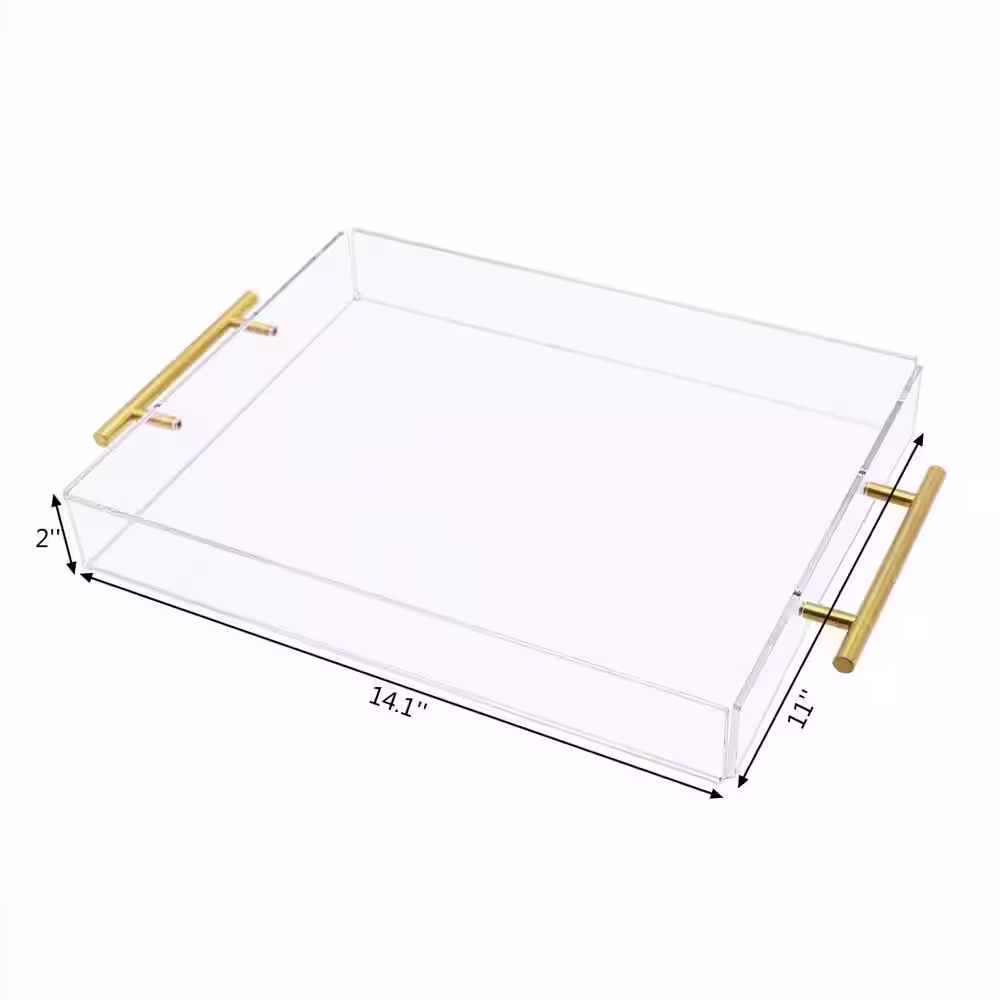 None Clear Acrylic Serving Tray with Gold Handle, Spill Proof Clear Acrylic Trays Plastic Serving Tray