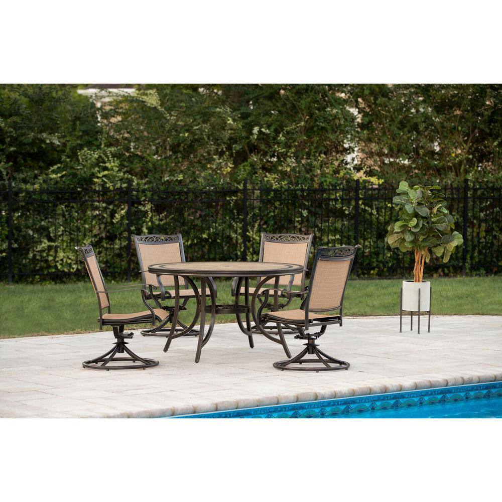 Hanover Fontana 5-Piece Aluminum Round Outdoor Dining Set with Swivels and Tile-Top Pedestal Table