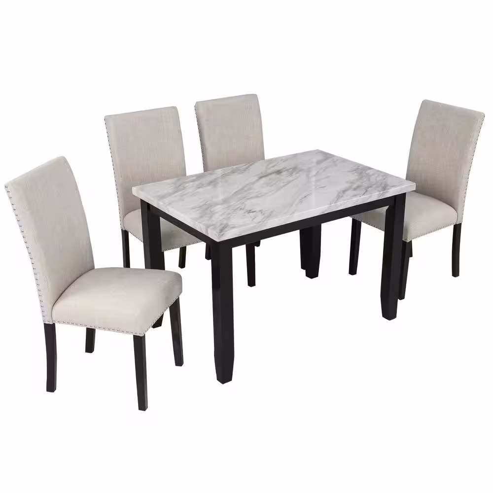 Harper & Bright Designs Faux Marble White 5-Piece Dining Set with Thick Cushion Chairs
