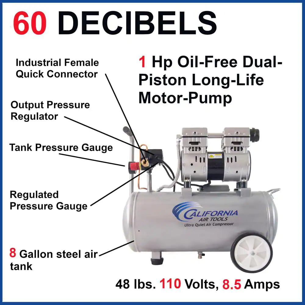 California Air Tools 8.0 Gal. 1.0 HP Ultra Quiet and Oil-Free Electric Air Compressor