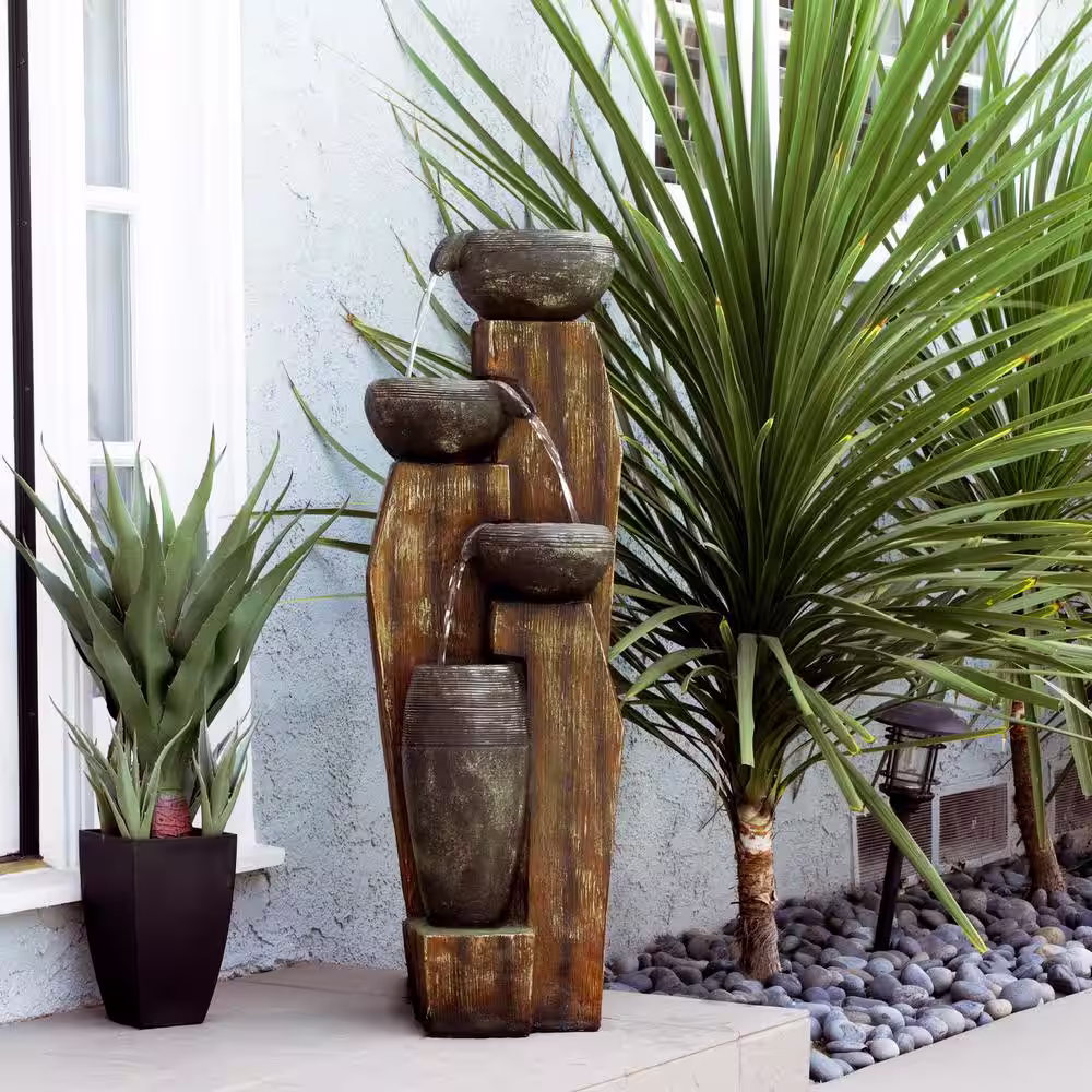Alpine Corporation 40 in. Tall Cascading Rustic Bowls Fountain with LED Lights Yard Decoration