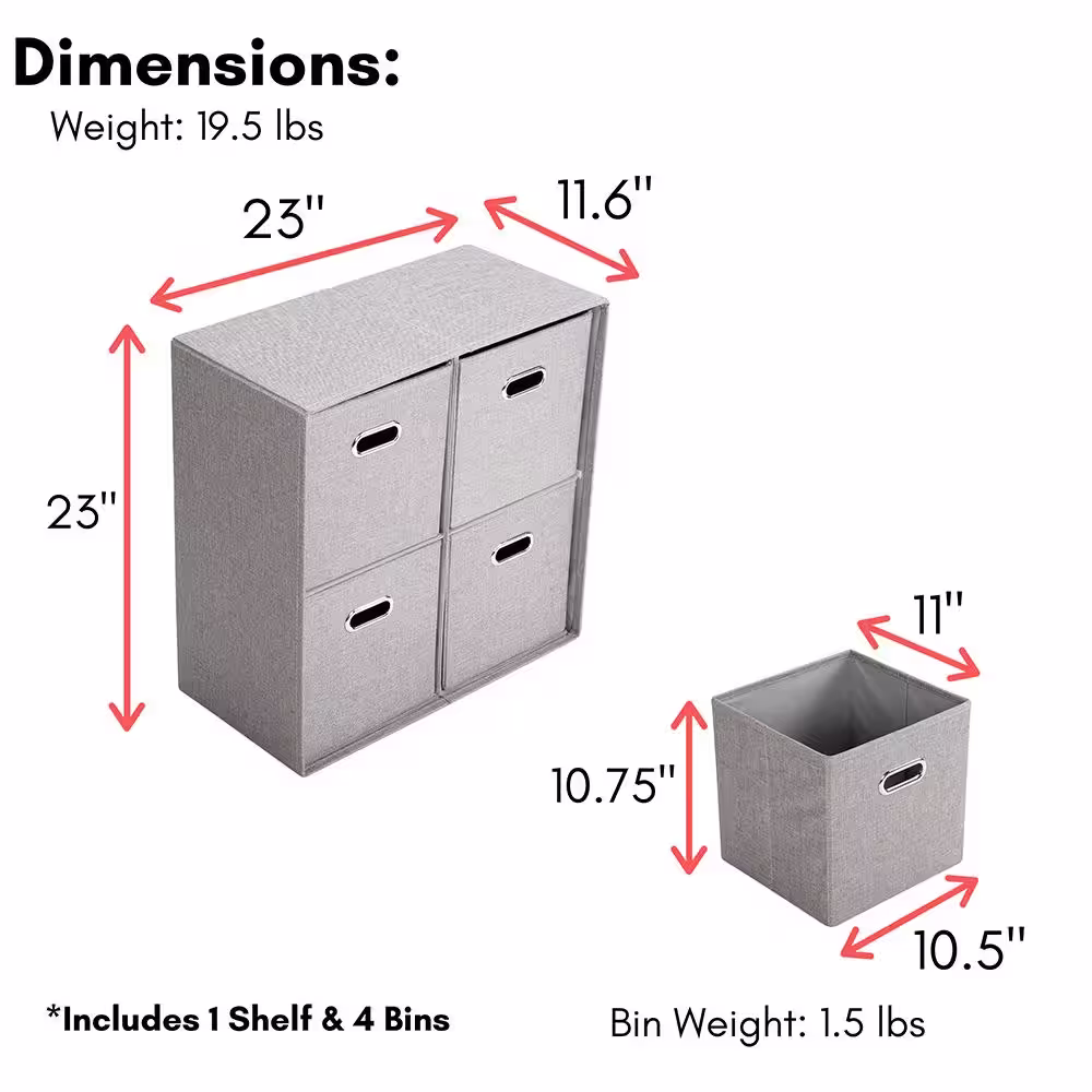 BirdRock Home 23 in. H x 11.6 in. W x 23 in. D Grey Linen Fabric 4 Cube Organizer Shelf with Storage Bins
