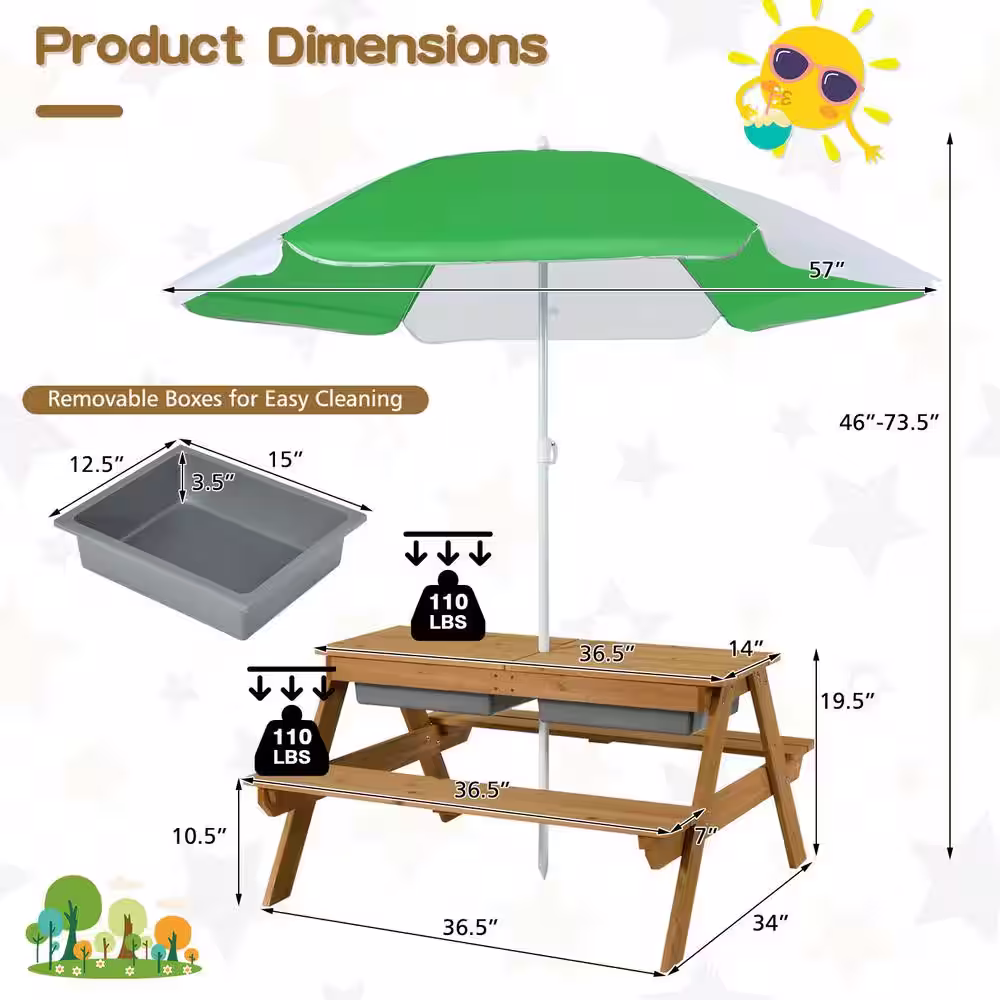 ANGELES HOME Rectangle Wood Outdoor Picnic Table with Umbrella Play Boxes