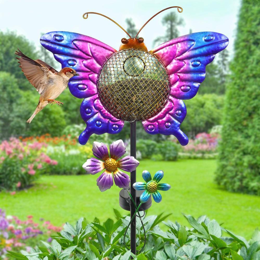 Exhart 3.02 ft. Purple Metal Solar Hand Painted Butterfly Mesh Pellet Bird Feeder Garden Stake