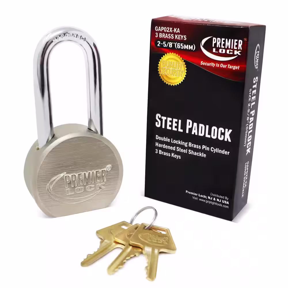 Premier Lock 2-5/8 in. Premier Solid Steel Commercial Gate Keyed Padlock with Long Shackle and 3 Keys