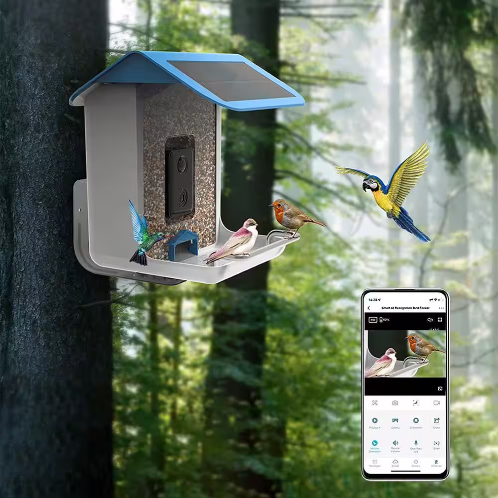 None Smart Bird Feeder Bird House with 1080P HD Camera, Solar Roof, Built-in Microphone (Include 32G SD Card)