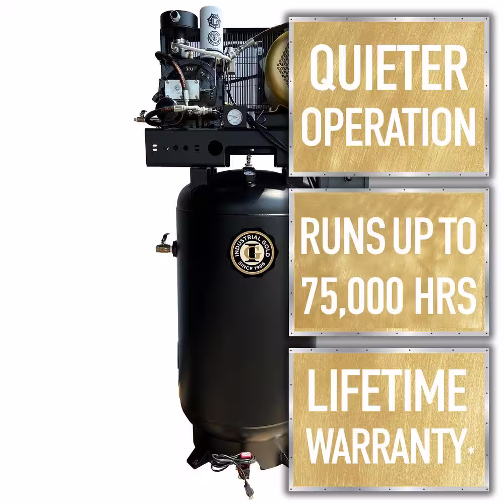 None Industrial Gold 80 Gal. 10 HP Rotary Screw 3-Phase Low RPM 150 PSI Electric Air Compressor with Quiet Operation