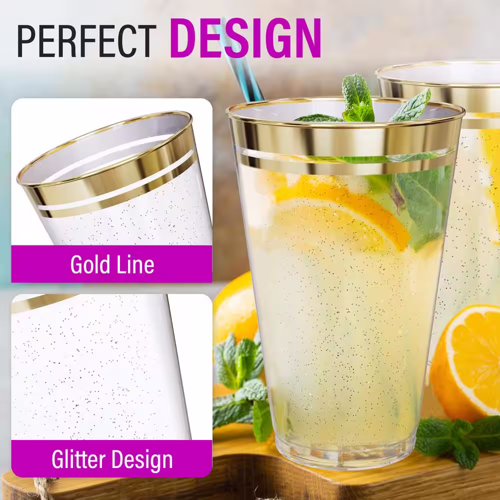 PERFECT SETTINGS 14 oz. 2 Line Gold Rim Gold Glitter Disposable Plastic Cups, Party, Cold Drinks, (100/Pack)