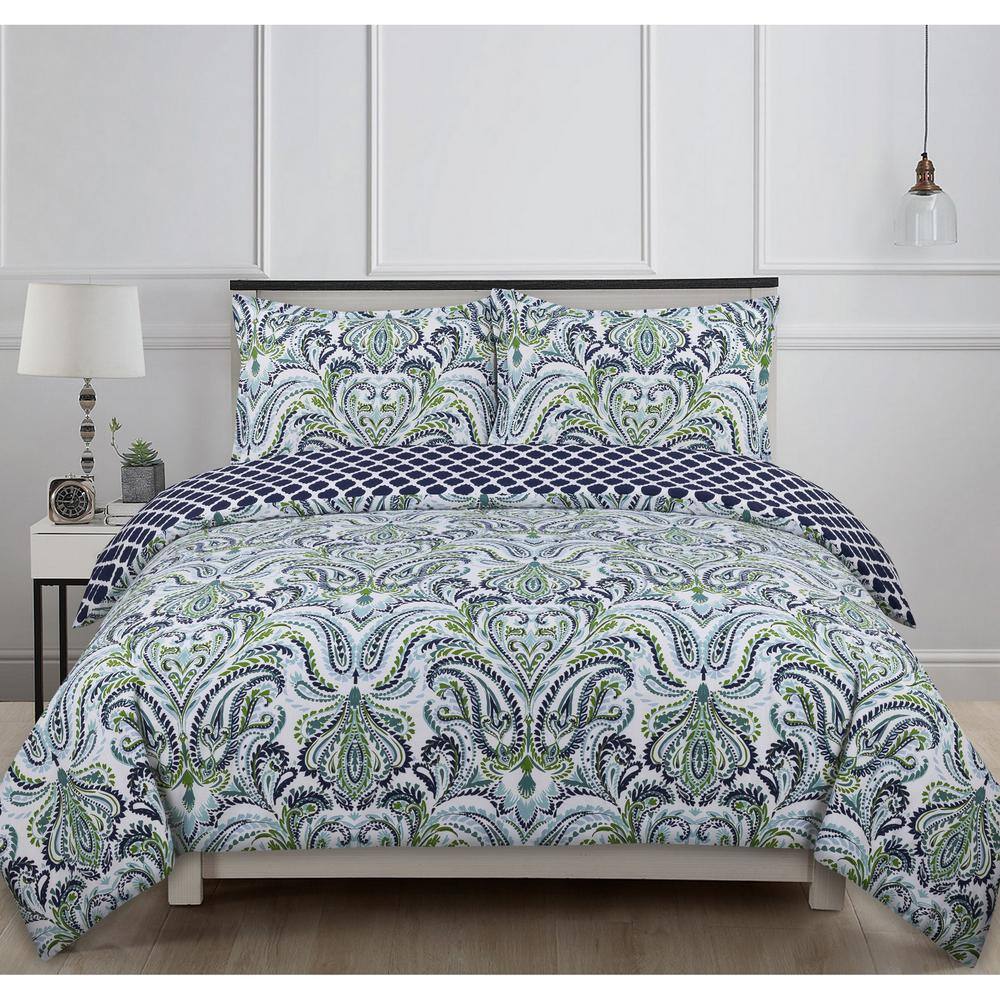 Nouvelle Home Provence Paisley 3-Piece Blue and White Cotton Full/Queen Comforter Set