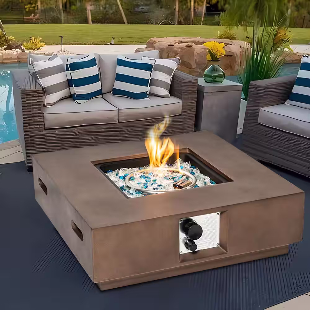 None 27.6 in. Stone Concrete Outdoor Fire Pit Table Propane Fire Pit Patio Gas Fire Pit Table in Brown