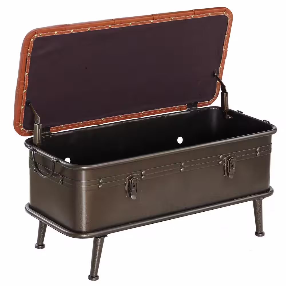River of Goods Tan Tufted Faux Leather and Distressed Metal Storage Bench