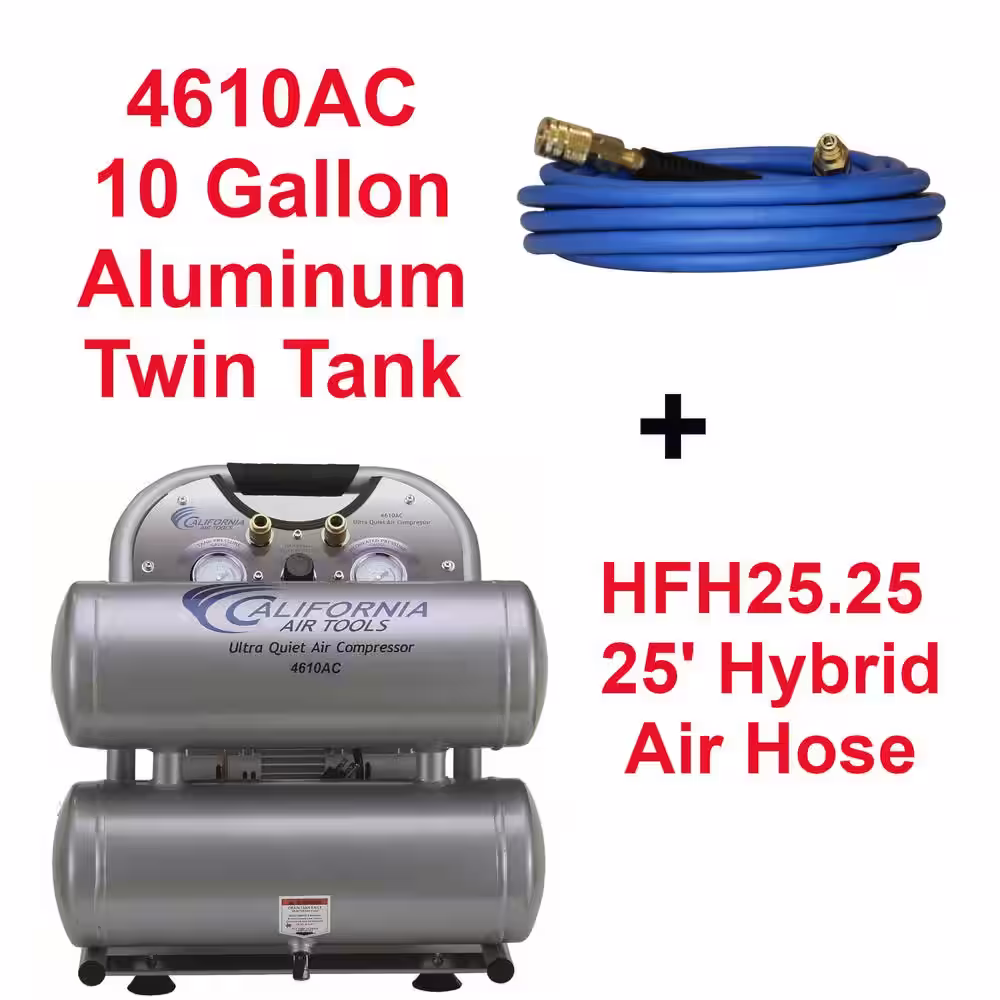California Air Tools Ultra Quiet Oil-Free 4.6 Gal. 1 Hp 120 PSI Electric Aluminum Twin Air Compressor with 25 ft. Air Hose