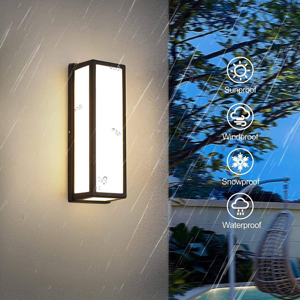 YANSUN 15.7 in. Black Cylinder Modern Integrated LED Indoor/Outdoor Porch Light Wall Lantern Sconce with White Shade