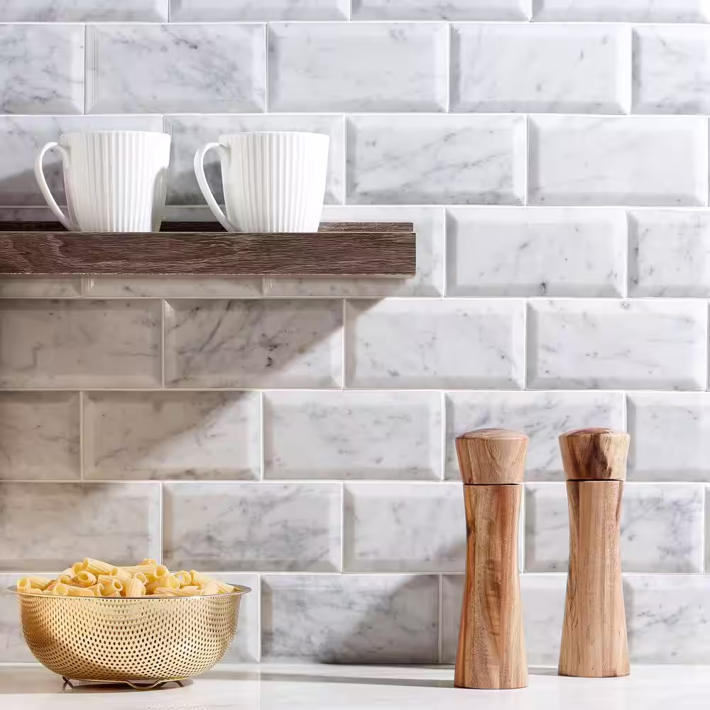 Ivy Hill Tile White Carrara Beveled 3 in. x 6 in. x 9mm Polished Marble Subway Tile (40 pieces / 5 sq. ft. / box)