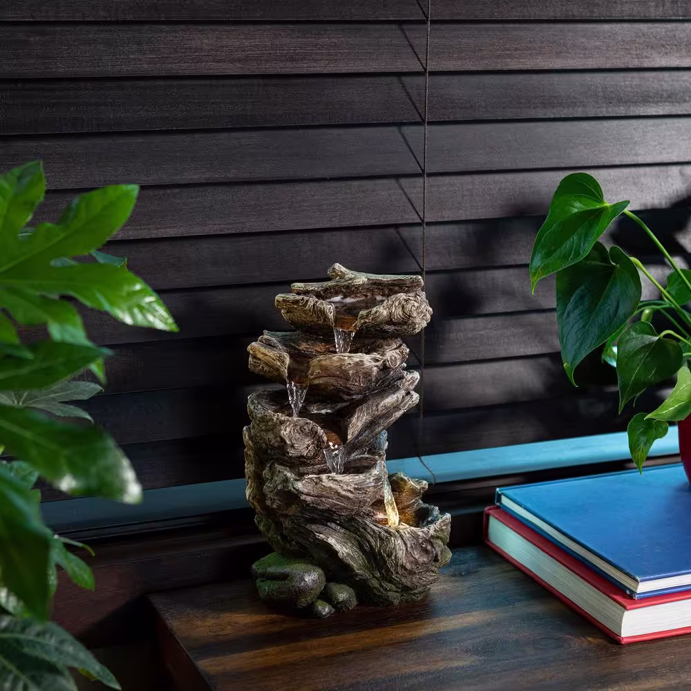 Alpine Corporation 11 in. Tall Indoor/Outdoor 5-Tier Rainforest Waterfall Fountain with LED Lights