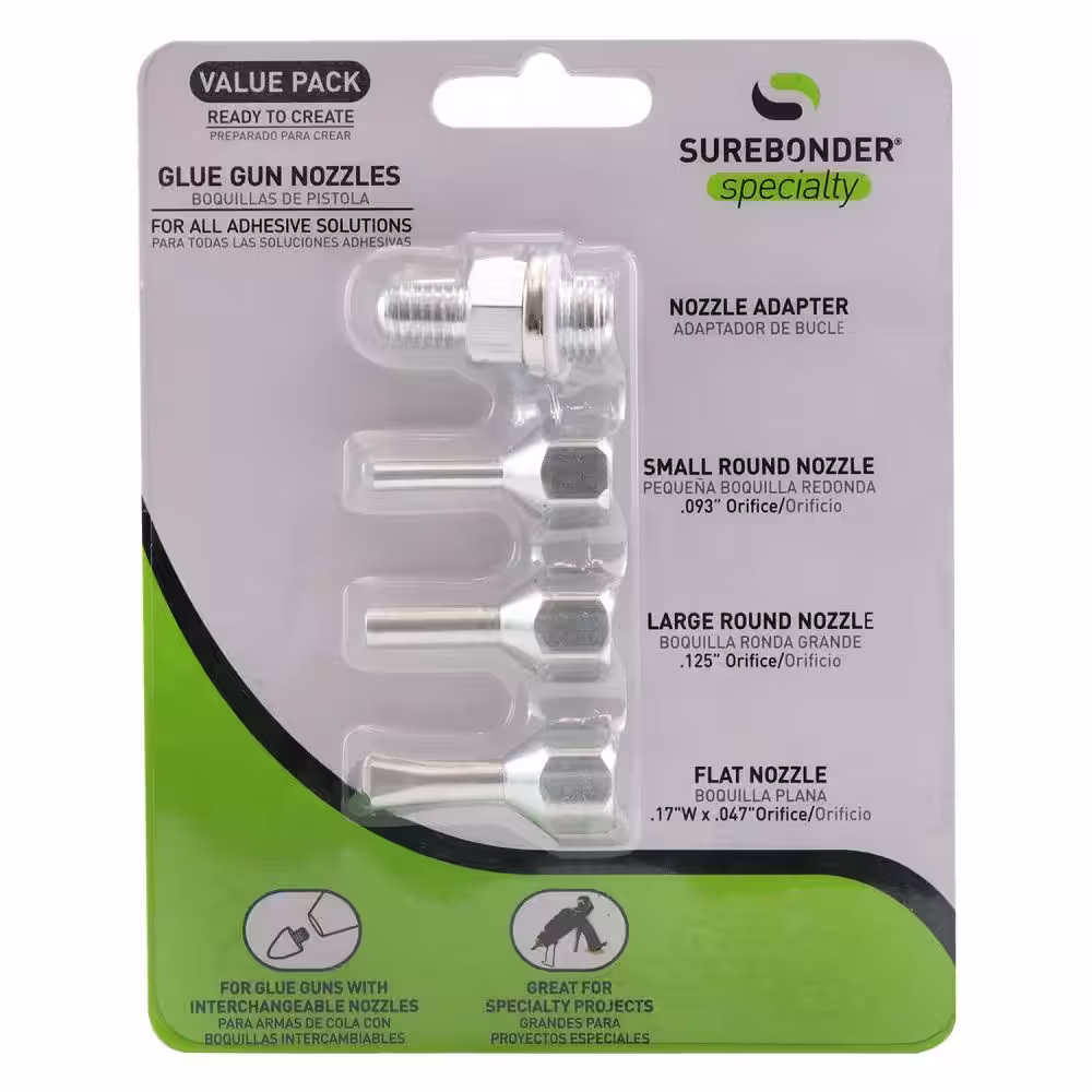 Surebonder Value Pack Glue Gun Nozzle Set, Check Valve, Small Round, Large Round, Flat Head