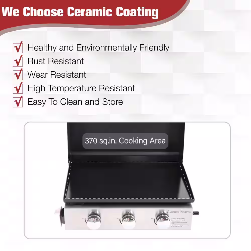 None 3-Burner Propane Gas Griddle in Black with Hard Cover Hood and Propane Adapter Hose in 2-Size