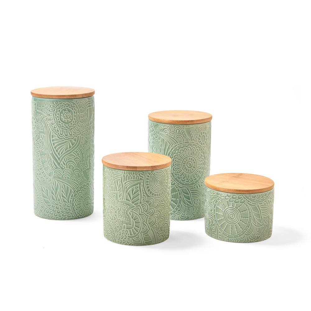 Jay Import Company 4-Piece Embossed Sage Stoneware Canister Set with Wood Lid
