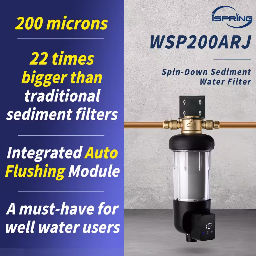 ISPRING WSP200ARJ Spin-Down Sediment Water Filter, Jumbo Size, Large Capacity, Reusable with Touch-Screen Auto Flushing Module