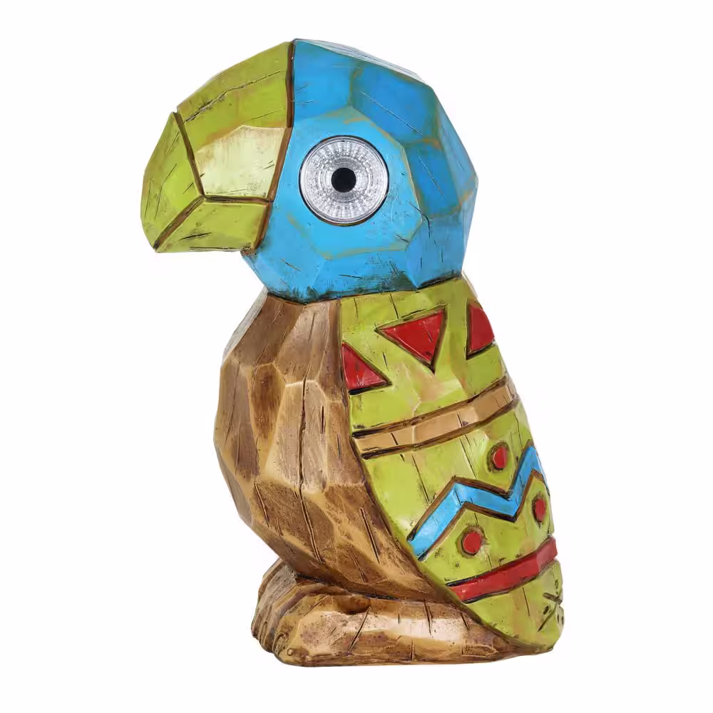 Exhart Solar Blue Tiki Parrot with LED Eyes, 8 in. x 10 in. Garden Statue