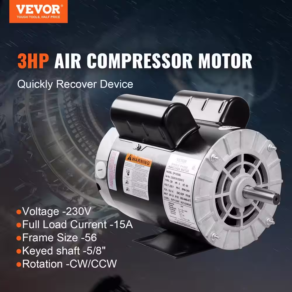 None 3HP Air Compressor Motor 3450 RPM Single Phase Electric Motor 5/8 in. Keyed shaft 230V FLA 15A 56 Frame CW/CCW Rotation