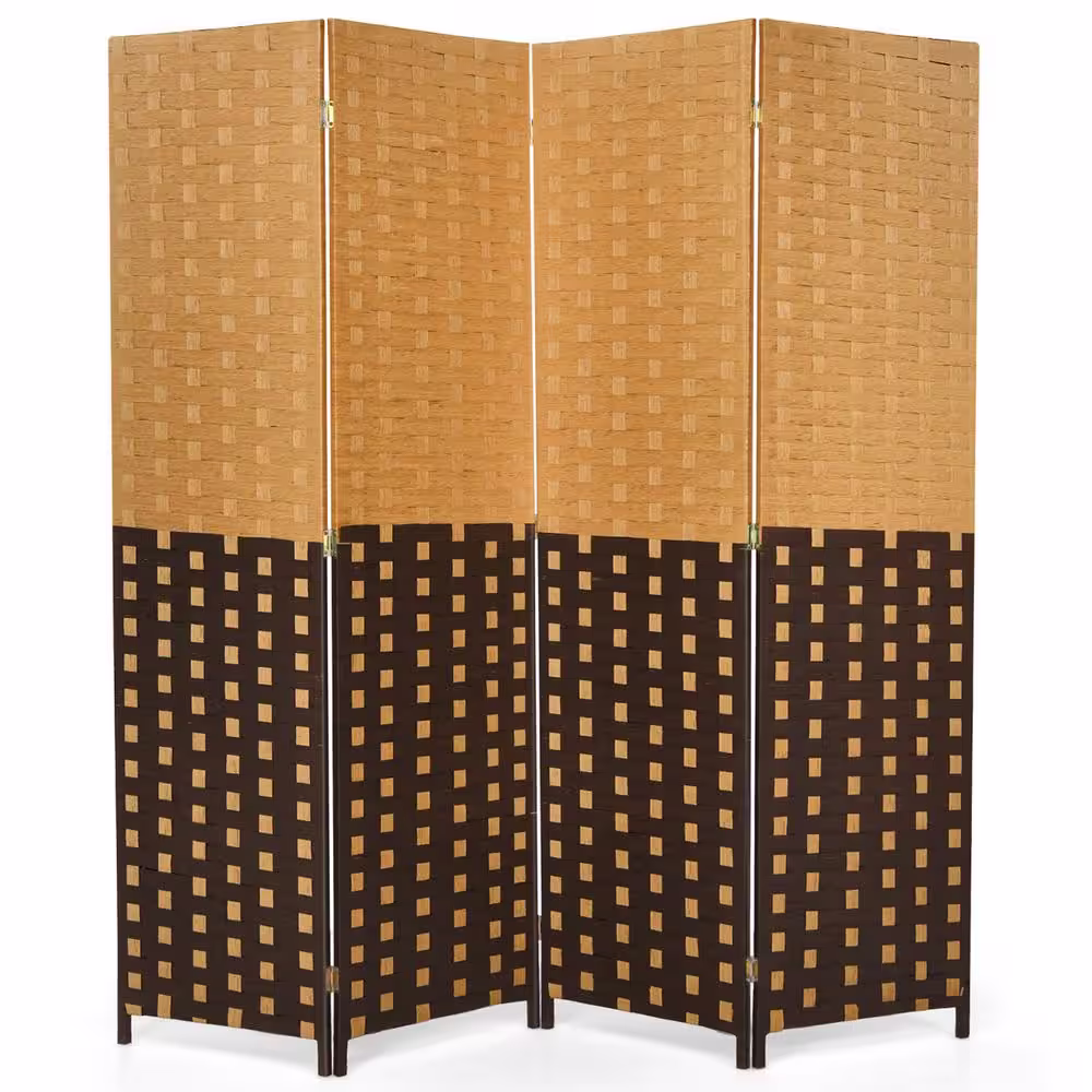 Costway 6 ft. Tall 4-Panel Brown Folding Room Divider Weave Fiber Privacy Partition Screen