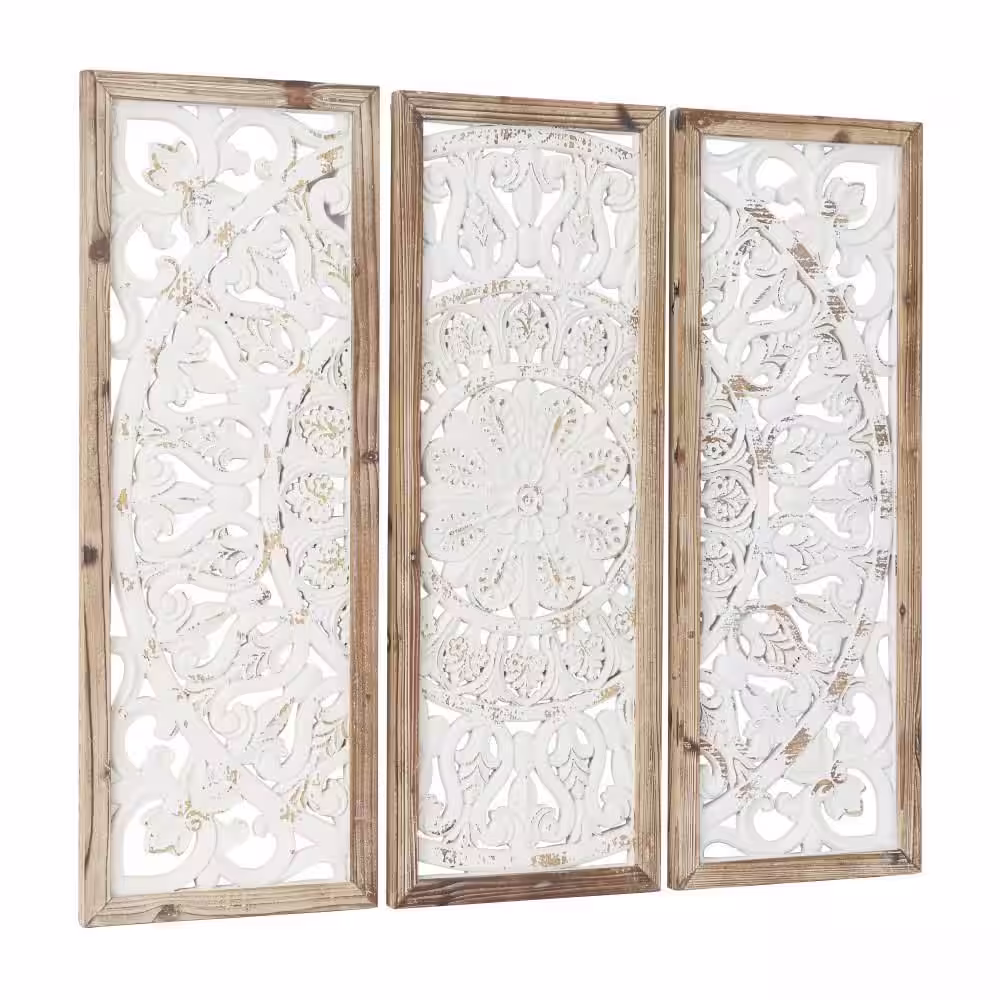Litton Lane Wood White Intricately Carved Floral Wall Decor with Mandala Design (Set of 3)